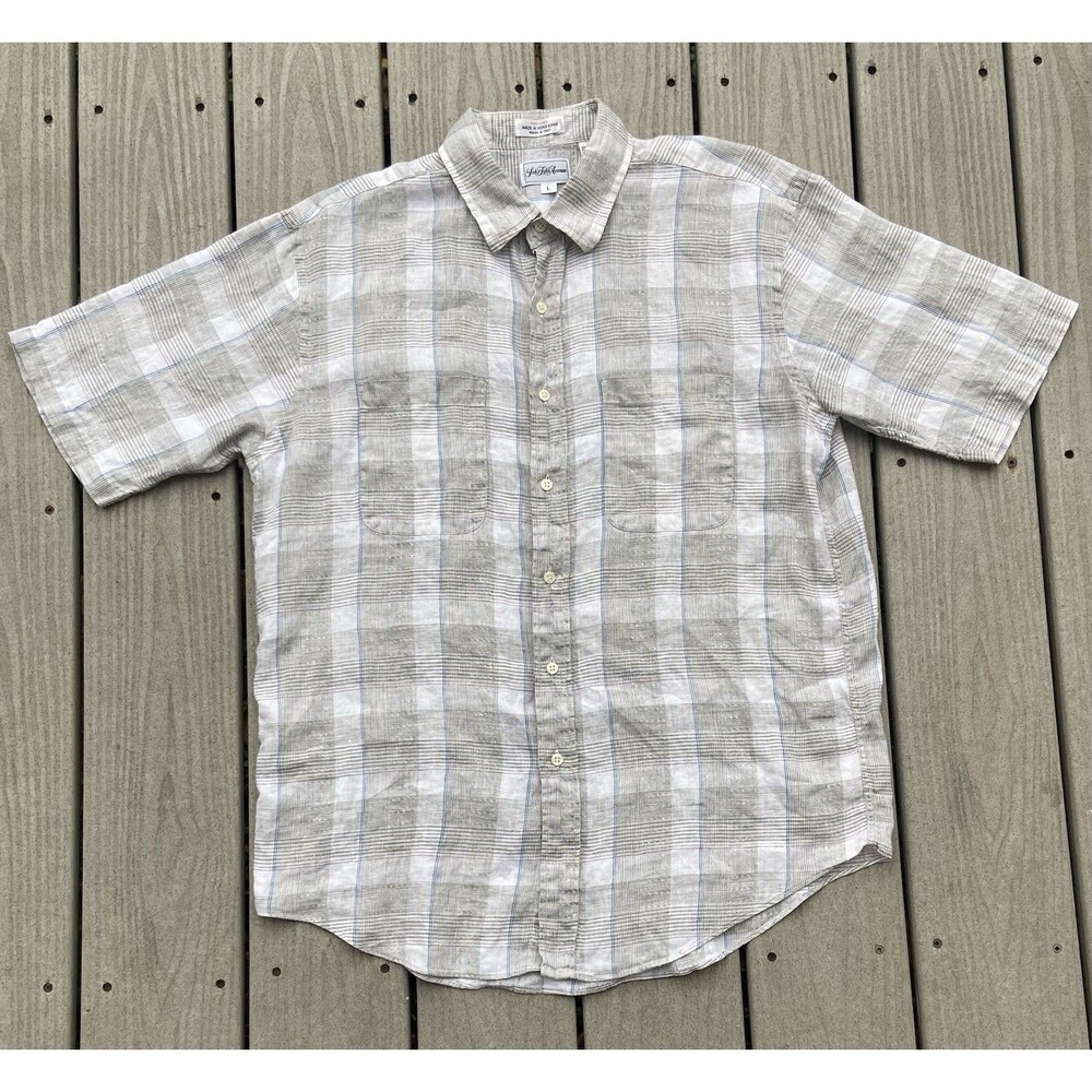 Saks Fifth Avenue Italian Linen Plaid Resort Casual Luxury Shirt Men’s Size L